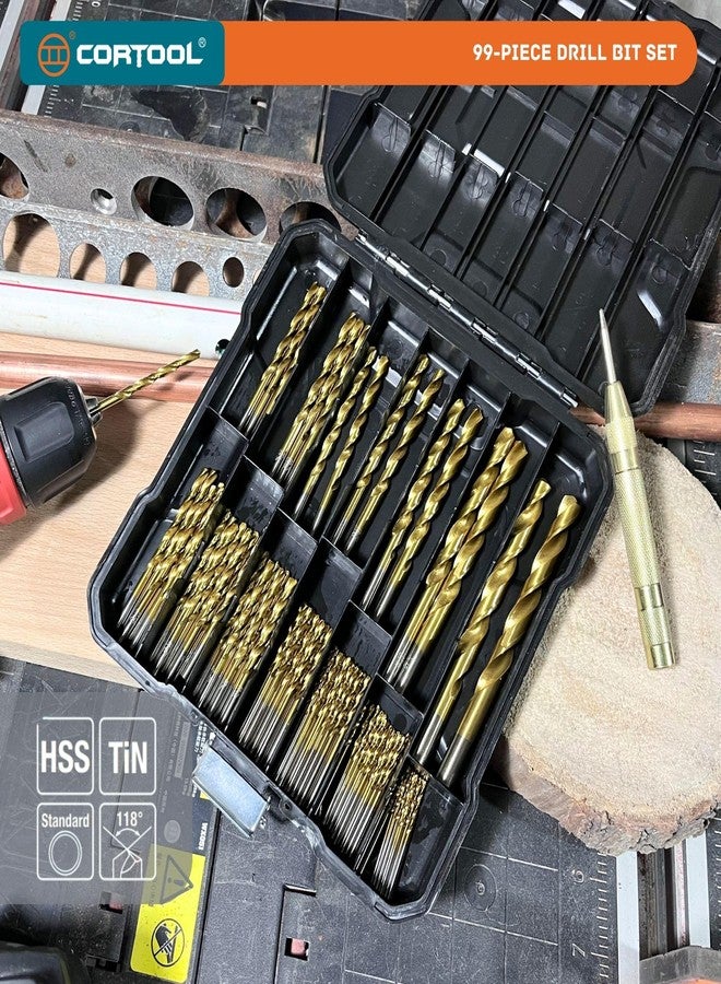 Cortool Drill Bit Set, 99-Piece Metal Drill Bits, High Speed Steel Titanium HSS Twist Drill Bits Set with Storage Case & Center Punch for Wood/Steel/Aluminum/Plastic/Fiberglass Size, 1/16 to 3/8 Inch - Image 2