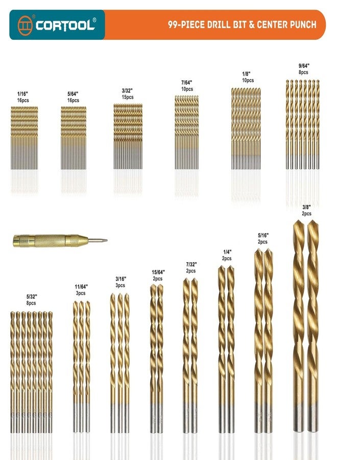 Cortool Drill Bit Set, 99-Piece Metal Drill Bits, High Speed Steel Titanium HSS Twist Drill Bits Set with Storage Case & Center Punch for Wood/Steel/Aluminum/Plastic/Fiberglass Size, 1/16 to 3/8 Inch - Image 5