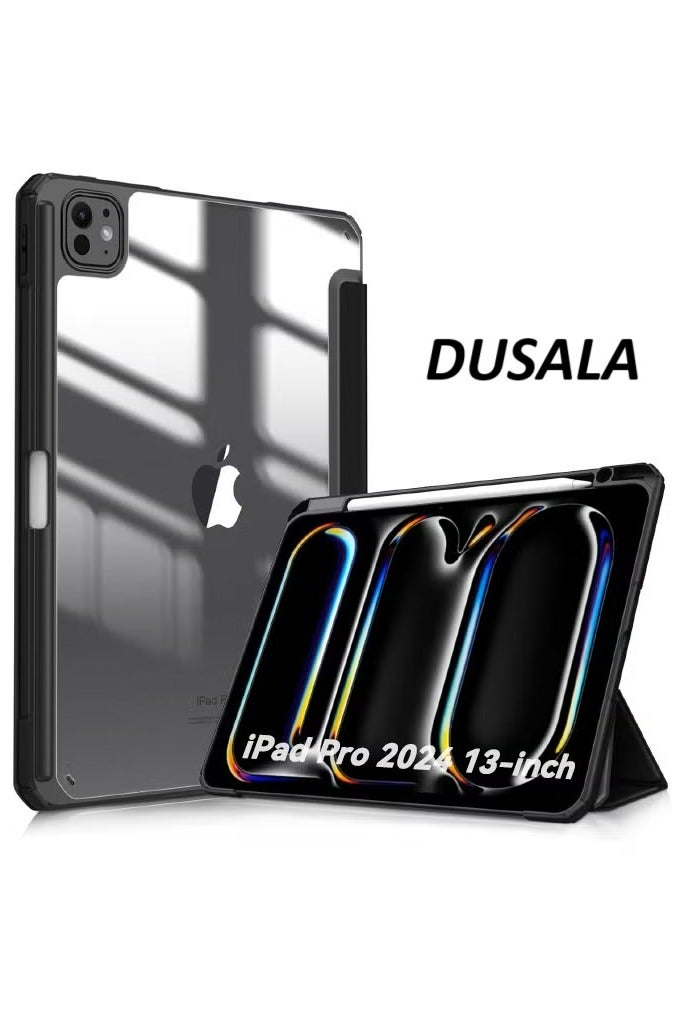 DUSALA iPad Pro (7th Generation) 13-inch (M4) 2024  Case, Hybrid Slim Trifold Stand Case with Apple Pencil Holder, Auto Wake Sleep, Smart Magnetic Cover Clear Acrylic Back Shockproof Case, Black - Image 1