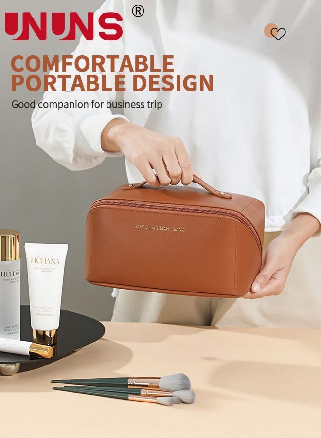 UNUNS Large-Capacity Travel Cosmetic Bag,Leather Makeup Bag,Waterproof Portable Cosmetic Bag For Women,Double-Layered Storage Toilet Bag - Image 3