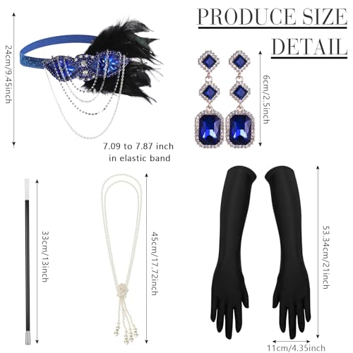 Tisancy 7 Pcs 1920s Women's Flapper Dress Sequin Dress Costume Headwear Earring Necklace Glove Stick Set and Long Feather Boa (Royal Blue,Medium) - Image 3