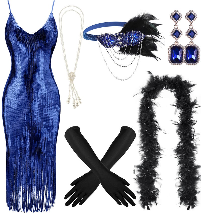 Tisancy 7 Pcs 1920s Women's Flapper Dress Sequin Dress Costume Headwear Earring Necklace Glove Stick Set and Long Feather Boa (Royal Blue,Medium) - Image 1