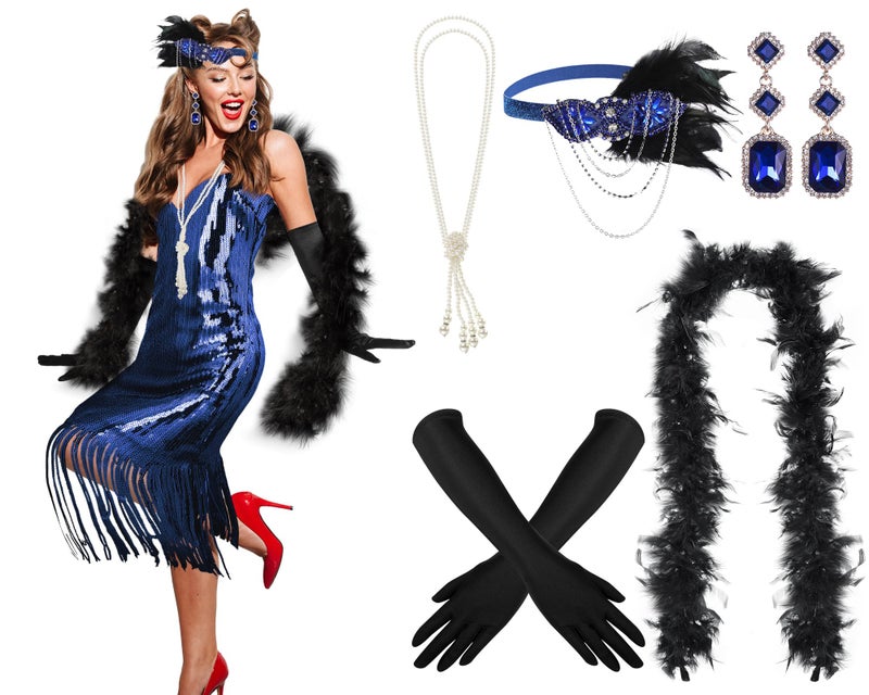 Tisancy 7 Pcs 1920s Women's Flapper Dress Sequin Dress Costume Headwear Earring Necklace Glove Stick Set and Long Feather Boa (Royal Blue,Medium) - Image 2