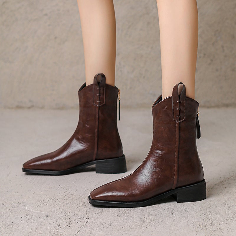 Small Short Boots Women'S New Martin Boots For 2024 32-43 British Motorcycle Style Square Head Solid Color Low Boots - Image 2