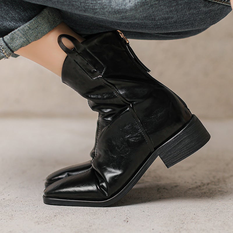 Small Short Boots Women'S New Martin Boots For 2024 32-43 British Motorcycle Style Square Head Solid Color Low Boots - Image 5