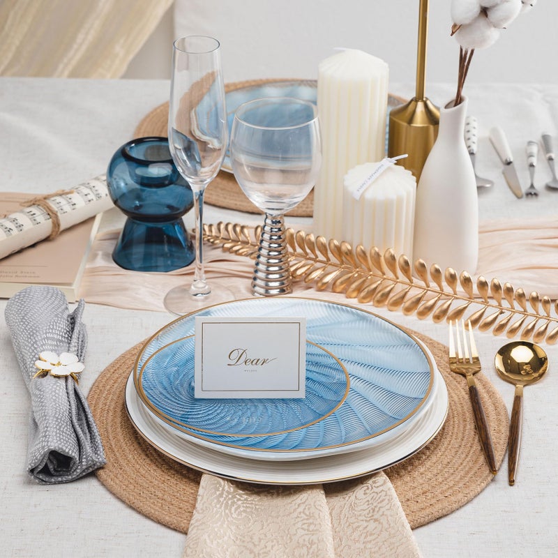 N9R 60PCS Blue Plastic Plates for Party, Heavy Duty Disposable Plate with Gold Rim, Elegant Spiral Design 30 Dinner & 30 Dessert Plates for Wedding, Baby Shower, Birthday(Translucent Blue) - Image 4