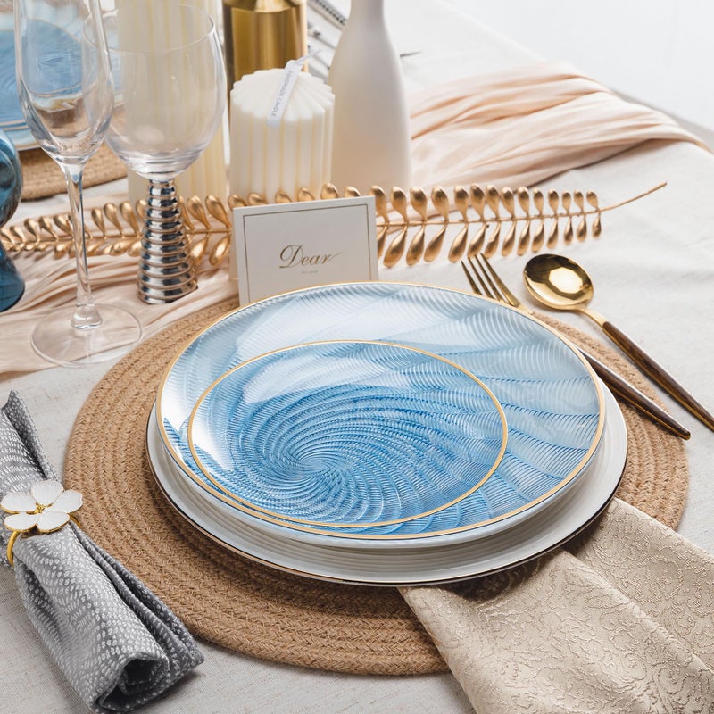 N9R 60PCS Blue Plastic Plates for Party, Heavy Duty Disposable Plate with Gold Rim, Elegant Spiral Design 30 Dinner & 30 Dessert Plates for Wedding, Baby Shower, Birthday(Translucent Blue) - Image 5