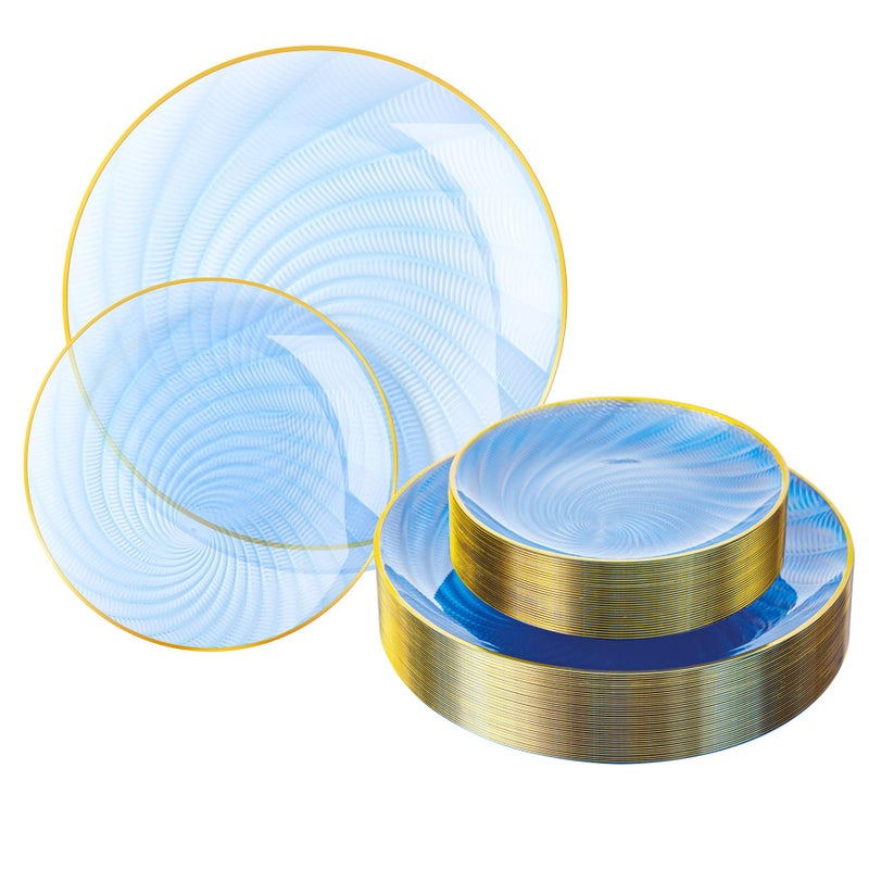 N9R 60PCS Blue Plastic Plates for Party, Heavy Duty Disposable Plate with Gold Rim, Elegant Spiral Design 30 Dinner & 30 Dessert Plates for Wedding, Baby Shower, Birthday(Translucent Blue) - Image 1