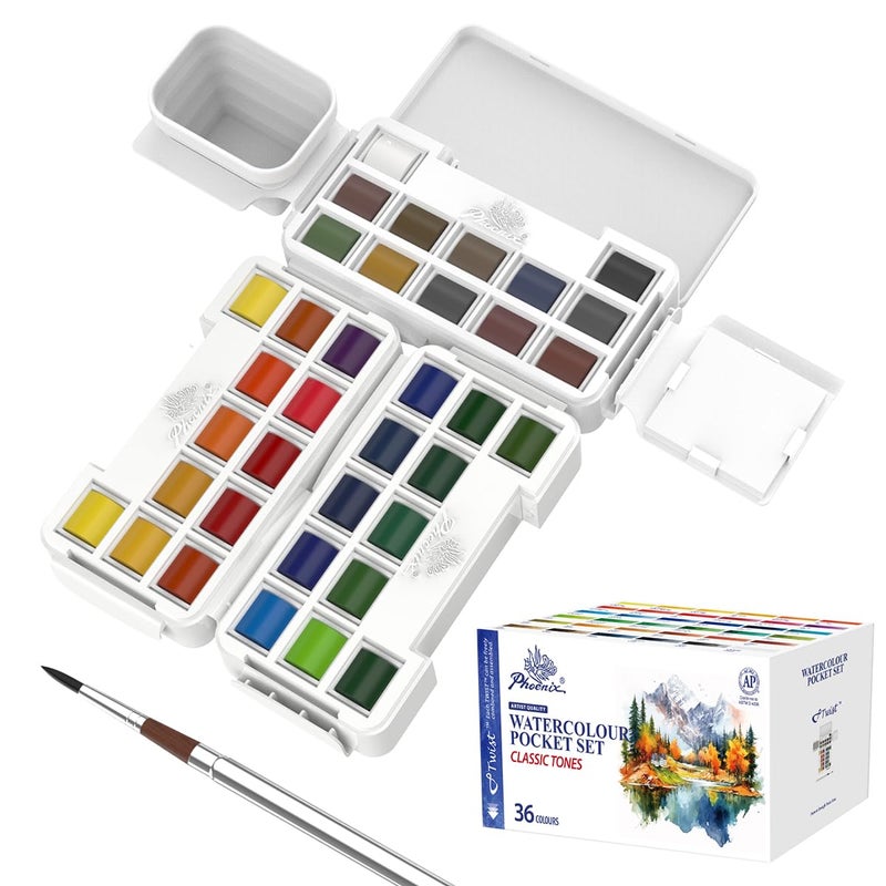 PHOENIX Twist Travel Watercolor Paint Set 36 Colors Half Pan Palette Portable Watercolor Pocket Set with Water Color Painting Kits