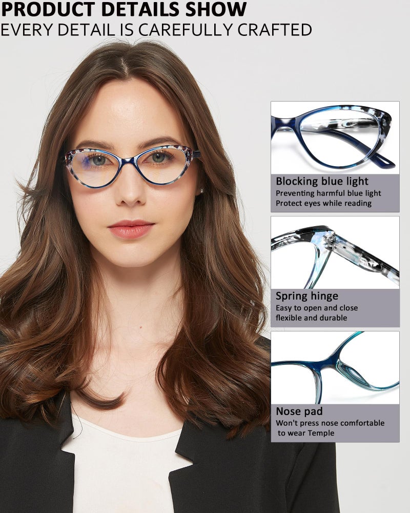 EYEURL Cat Eye Reading Glasses for Women, 2 Pack Blue Light Blocking Readers for Ladies Spring Hinge Fashion Pattern +3.50 Magnification Anti Eyestrain UV Protection - Image 4