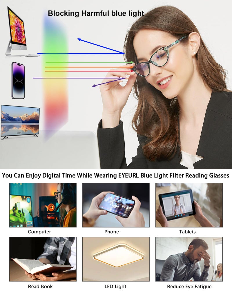 EYEURL Cat Eye Reading Glasses for Women, 2 Pack Blue Light Blocking Readers for Ladies Spring Hinge Fashion Pattern +3.50 Magnification Anti Eyestrain UV Protection - Image 5