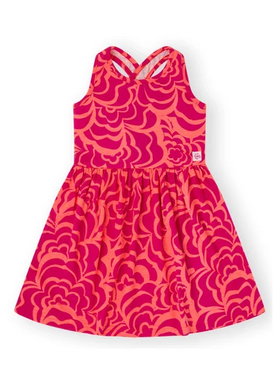 CANADA HOUSE Soft and Comfortable Printed Cotton Dress with Cross Back Strap Short Sleeves and Round Neckline for Girls Orange and Fuchsia