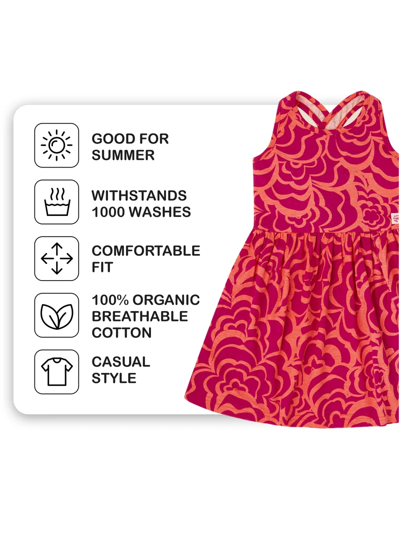 CANADA HOUSE Soft and Comfortable Printed Cotton Dress with Cross Back Strap Short Sleeves and Round Neckline for Girls Orange and Fuchsia