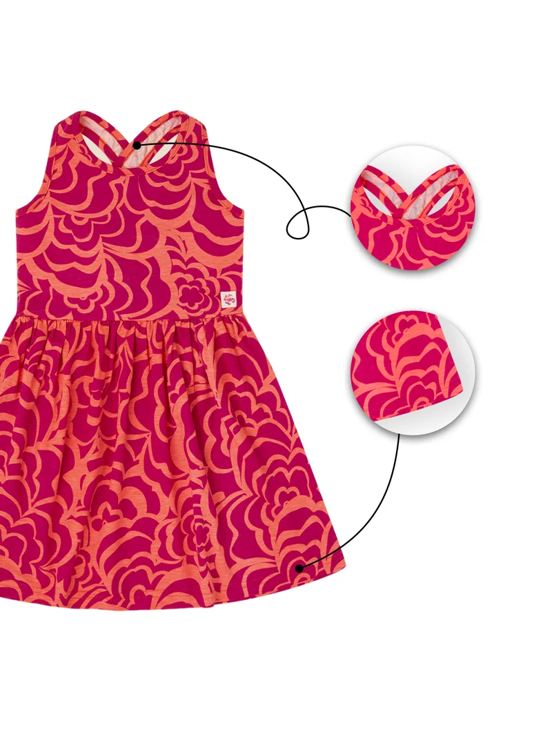 CANADA HOUSE Soft and Comfortable Printed Cotton Dress with Cross Back Strap Short Sleeves and Round Neckline for Girls Orange and Fuchsia