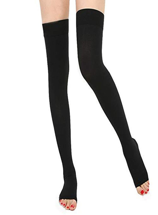 PRO GYM Compression Sock 30-40mmHg Thigh High Support Stockings Medical Relief Open Toe (Black, XL) - Image 1