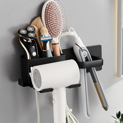 HOHOWU Hair Dryer Holder,Stainless Steel Wall Mounted Blow Dryer,Curling Iron,Straightener Holder Bathroom Metal Hair Tool Organizer Rack- Black - Image 1