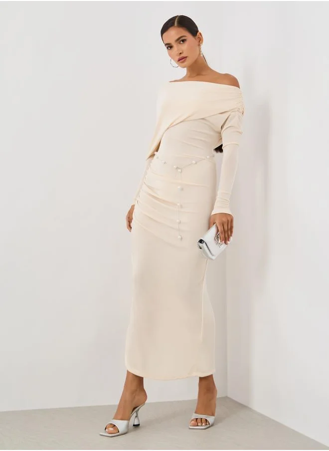 ستايلي Styli Plain Long Sleeves Sheath Midi Dress with Pearl Belt