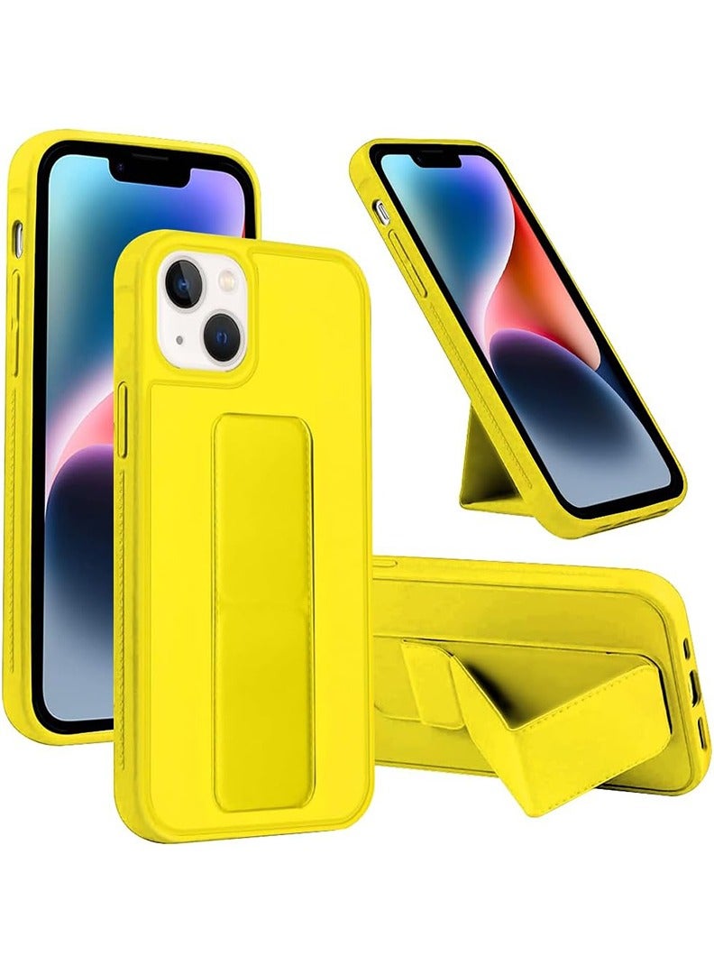 Case Up Compatible with Apple iPhone 14 Plus Case with Magnetic Stand & Holder, Premium Silicone Finger Grip Strap Holder Case Car Mount Kickstand Cover- Yellow