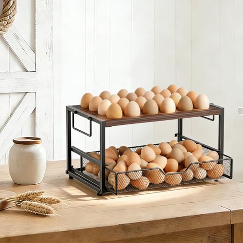 Wolera 2Tier Wooden Egg Holder Countertop with Basket Holds 2460 Chicken Duck Quail Eggs Easter Eggs Compact Countertop Holder with Carry Handle for Easy Transport - Image 3