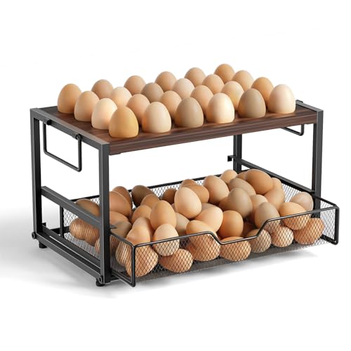 Wolera 2Tier Wooden Egg Holder Countertop with Basket Holds 2460 Chicken Duck Quail Eggs Easter Eggs Compact Countertop Holder with Carry Handle for Easy Transport - Image 1