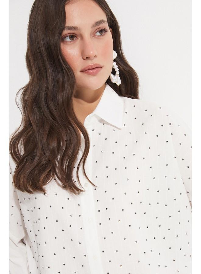 جون قميص قطن 100% نسائي بتفاصيل حجرية - مقاس واسع - إكرو - Image 2