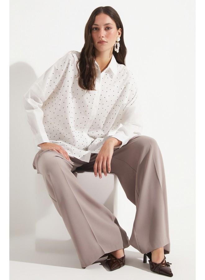 جون قميص قطن 100% نسائي بتفاصيل حجرية - مقاس واسع - إكرو - Image 1