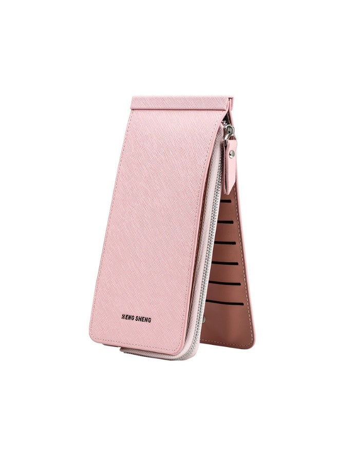 HENGSHENG Sleek Pink Card Holder with Secure Zipper Closure Organized Card Storage Solution for Daily Use Textured Leather Crafted - Image 1