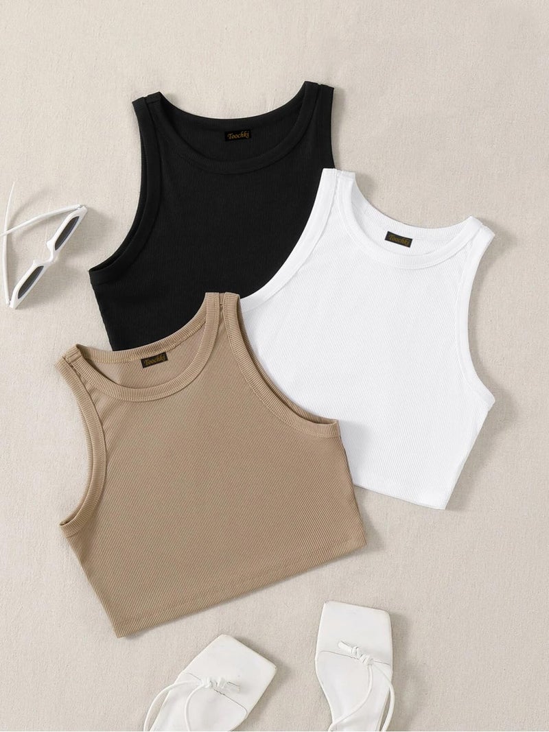 Toochki Tops for Woman | Spandex Top | Crop | Short | Western | for Jeans | Sleeveless | Stretchable | Pack of Three | Black-White-Beige - Image 2