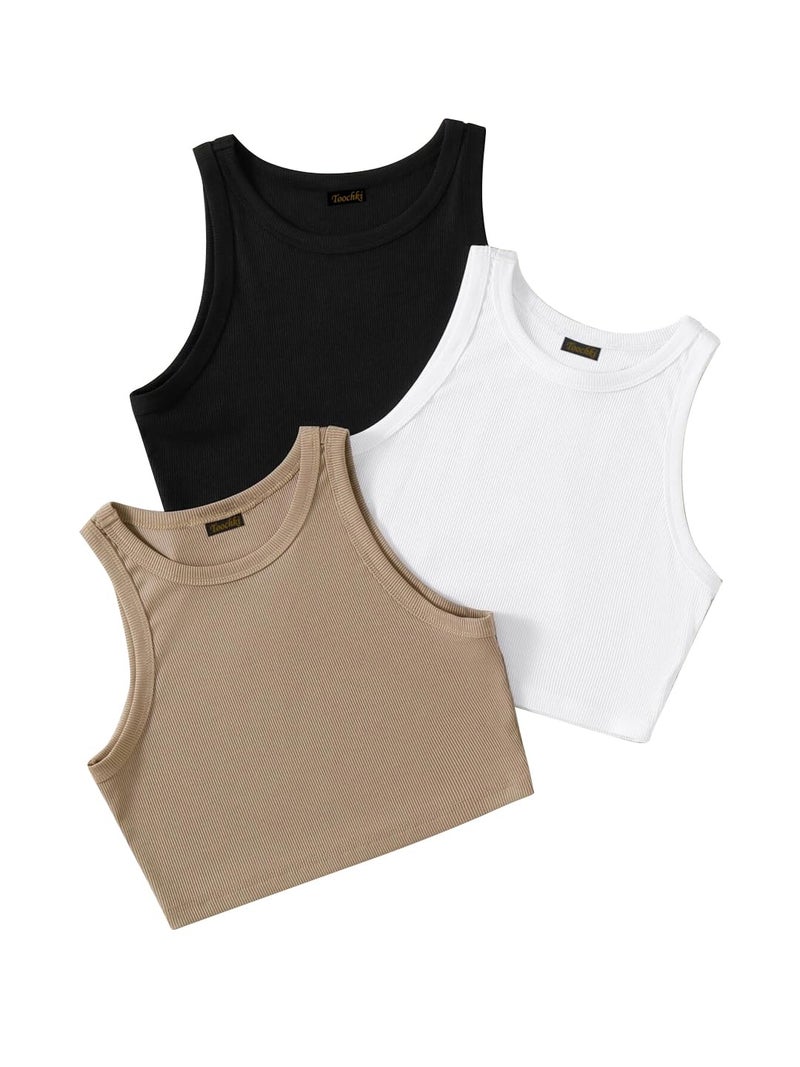 Toochki Tops for Woman | Spandex Top | Crop | Short | Western | for Jeans | Sleeveless | Stretchable | Pack of Three | Black-White-Beige - Image 1
