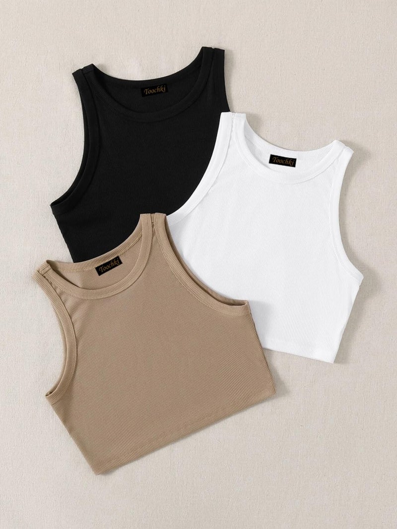 Toochki Tops for Woman | Spandex Top | Crop | Short | Western | for Jeans | Sleeveless | Stretchable | Pack of Three | Black-White-Beige - Image 5