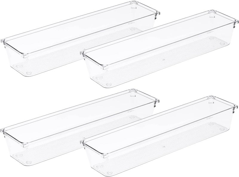 Amtido 4 Pack Drawer Organisers - Sturdy Clear Plastic - Versatile Storage for Kitchen, Bathroom, Utensils, Makeup, Office, and Desk Accessories (7.6cm x 30.5cm x 5.1cm) - Image 1