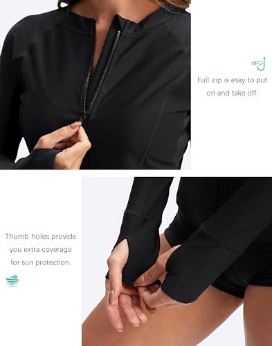 SANTINY Women's Rash Guard Zipper Pockets UPF50+ Sun Protection Long Sleeve Swimsuit Top Zip Front Swim Shirt for Women (Black_M) - Image 5