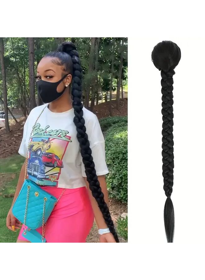 34 Inch Braided Drawstring Ponytail Black Synthetic Hair Extension For Women Heat Resistant Yaki Fiber Daily Or Party Use DIY Ponytails Braids Hair Extensions - Image 2