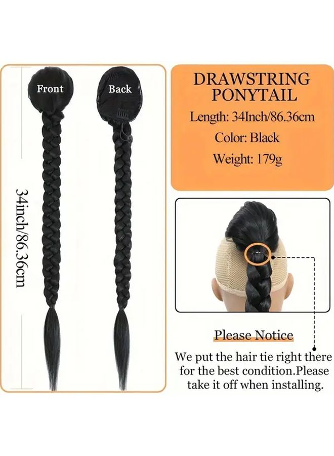 34 Inch Braided Drawstring Ponytail Black Synthetic Hair Extension For Women Heat Resistant Yaki Fiber Daily Or Party Use DIY Ponytails Braids Hair Extensions - Image 4
