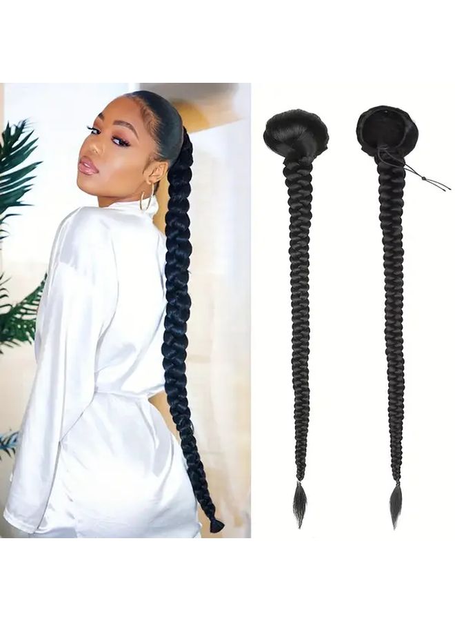 34 Inch Braided Drawstring Ponytail Black Synthetic Hair Extension For Women Heat Resistant Yaki Fiber Daily Or Party Use DIY Ponytails Braids Hair Extensions - Image 1
