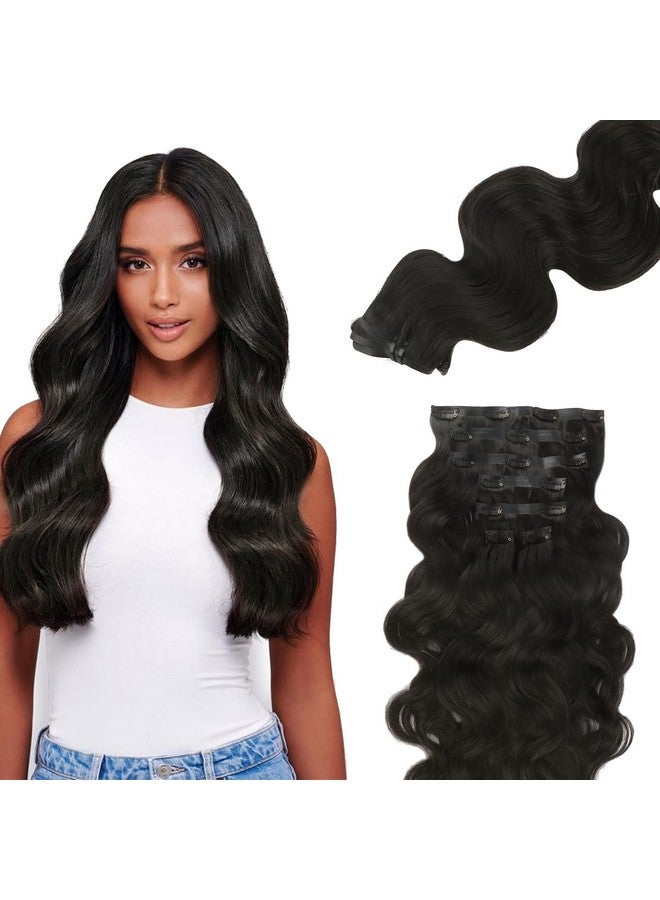Lashey Seamless Clip In Hair Extensions Remy Human Hair Extensions 110G 7Pcs Body Wave Natural Black Clip In Hair Extensions 100% Real Soft Human Hair Natural Black Human Hair Extensions 14 Inch - Image 1