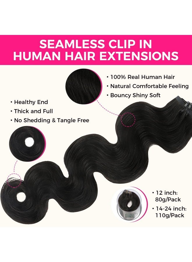 Lashey Seamless Clip In Hair Extensions Remy Human Hair Extensions 110G 7Pcs Body Wave Natural Black Clip In Hair Extensions 100% Real Soft Human Hair Natural Black Human Hair Extensions 14 Inch - Image 3