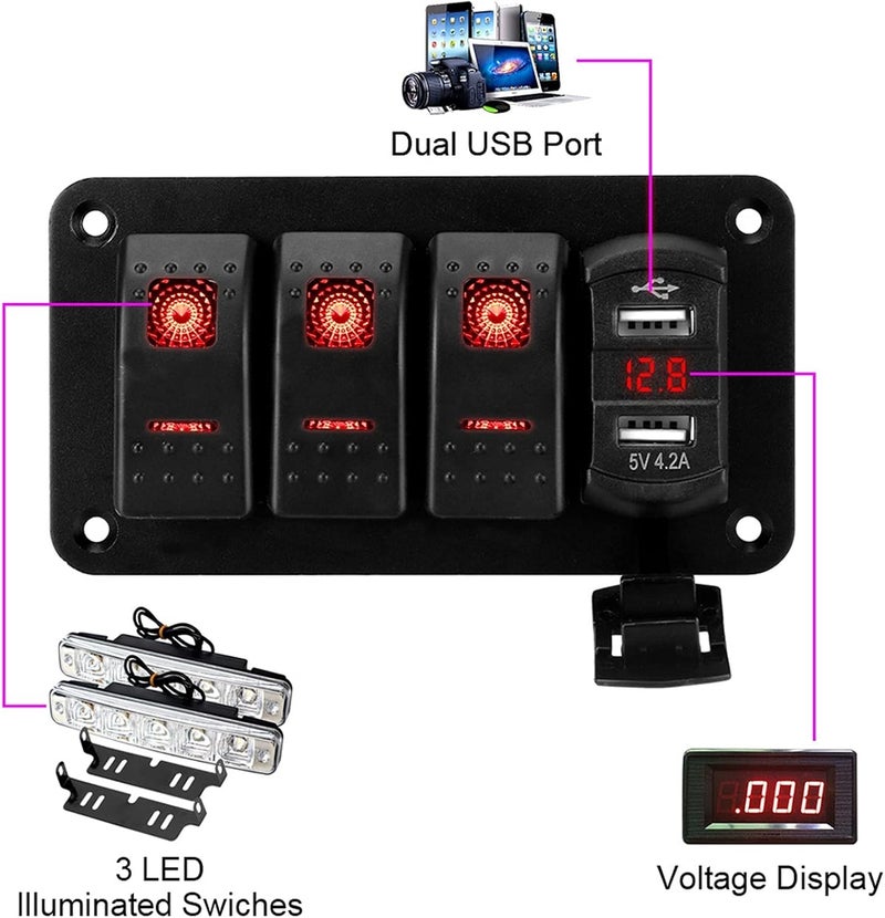 QASULER 3 Gang Switch Panel with Dual USB Charger - Image 3