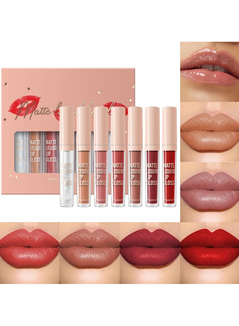 سيوسي مجموعة أحمر شفاه سائل غير لامع مكونة من 7 قطع، مكياج ممتلئ الشفاه، مكياج مصبوغ مقاوم للماء هدية عيد الحب، طقم ملمع شفاه مخملي يدوم طويلاً، يدوم حتى 16 ساعة، كوب غير لاصق - Image 1