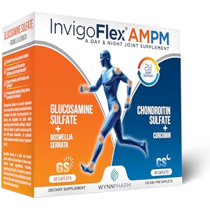 INVIGOFLEX® AMPM - Glucosamine & Chondroitin Sulfate - Turmeric Curcumin - Boswellia Serrata (Non GMO) for Knees, Hands, Back and Hip 24 - Hour Premium Joint Supplement - Image 1