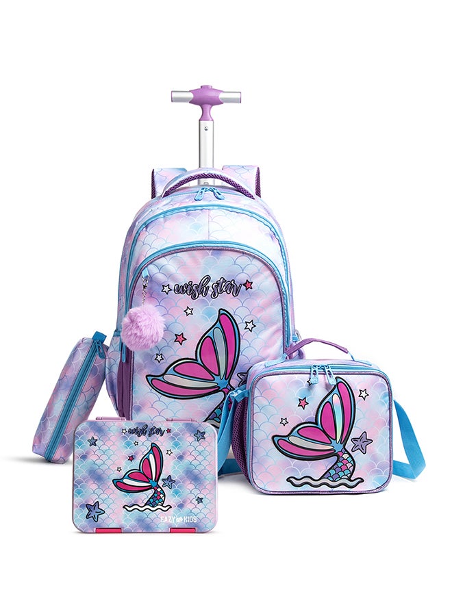 Eazy Kids Set Of 4 18 Inch Trolley School Bag With Bento Lunch Box, Lunch Bag And Pencil Case - Mermaid - Purple - Image 1