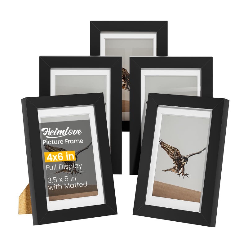 Heimlove 4x6 إطارات الصور مع حصيرة لعرض مجموعة صور 3.5 × 5 من 5 إطار صور بلاستيكي سوداء للحصول على شهادة دبلوم الملصق ووثائق مع ديكور منضدة وجدار - Image 1