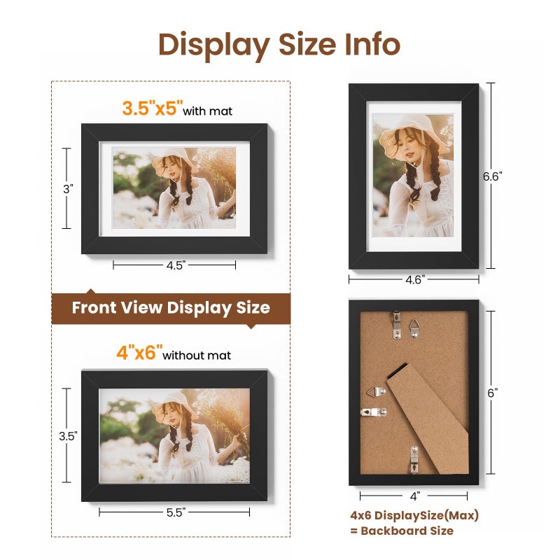 Heimlove 4x6 إطارات الصور مع حصيرة لعرض مجموعة صور 3.5 × 5 من 5 إطار صور بلاستيكي سوداء للحصول على شهادة دبلوم الملصق ووثائق مع ديكور منضدة وجدار - Image 4
