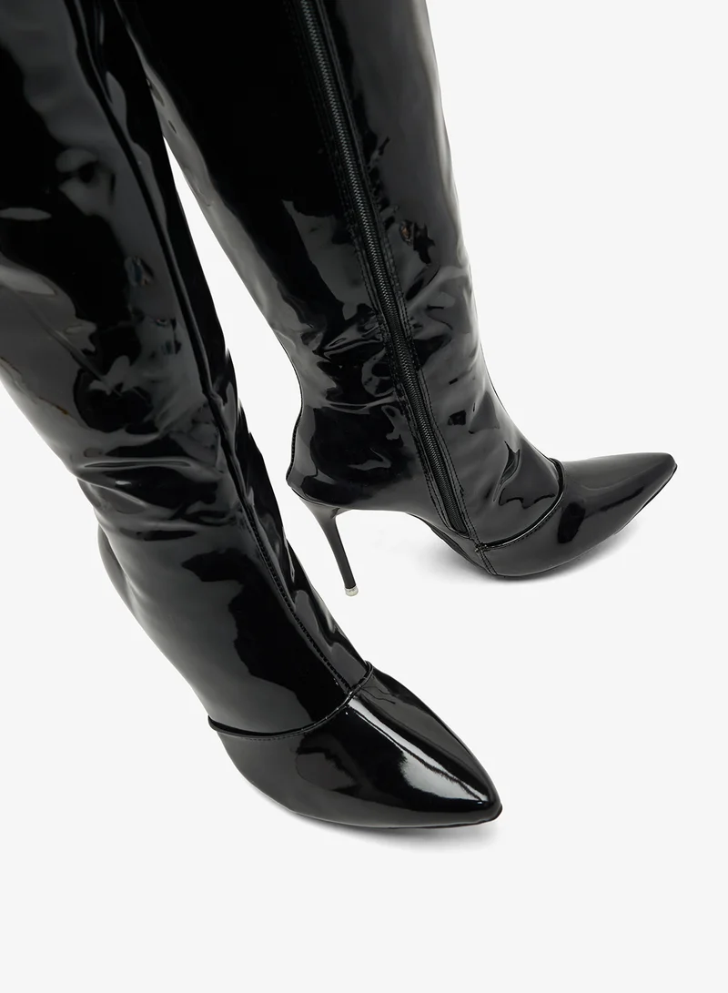 Ginger Black Pointed Toe Stiletto Heel Knee High Boots for Women | Best Price UAE