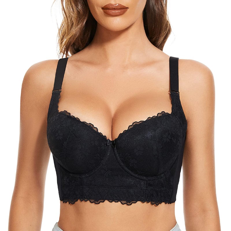 FallSweet Push Up Bras for Women Corset Top Bustier Padded Underwire Bra Add One Cup (Black-Lace,38D) - Image 1