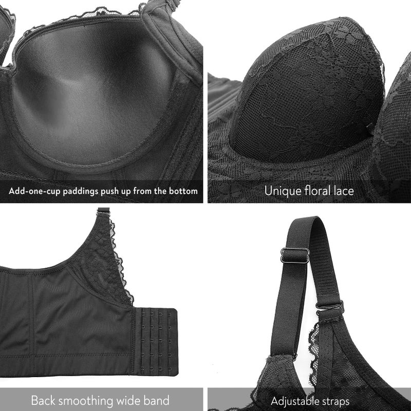 FallSweet Push Up Bras for Women Corset Top Bustier Padded Underwire Bra Add One Cup (Black-Lace,38D) - Image 5