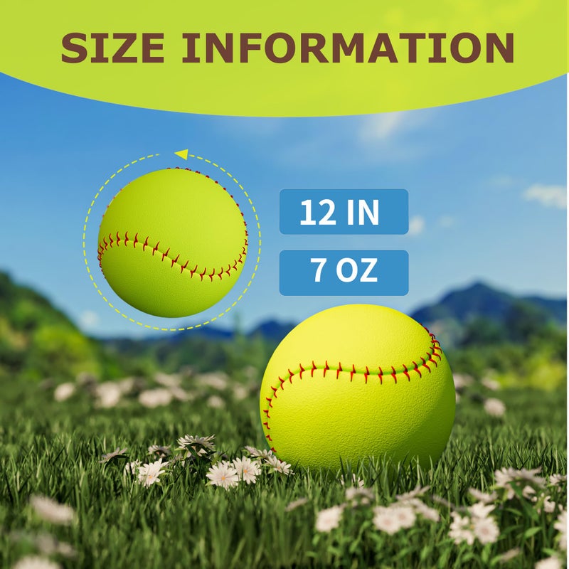 filori 6 Pack 12 - Inch Slow - Pitch Softballs | Official Size & Weight | Leather Cover | Solid Cork Core | Unmarked Training Balls for Practice, Games & Drills - Optic Yellow with Red Stitching - Image 3