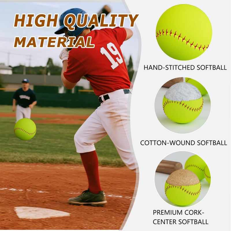 filori 6 Pack 12 - Inch Slow - Pitch Softballs | Official Size & Weight | Leather Cover | Solid Cork Core | Unmarked Training Balls for Practice, Games & Drills - Optic Yellow with Red Stitching - Image 2