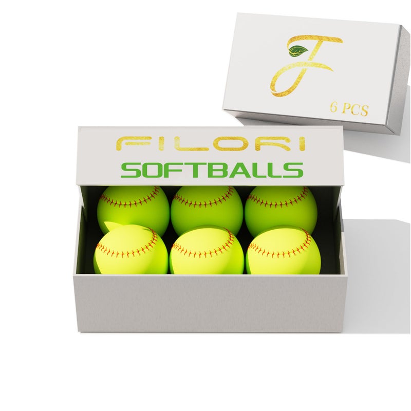 filori 6 Pack 12 - Inch Slow - Pitch Softballs | Official Size & Weight | Leather Cover | Solid Cork Core | Unmarked Training Balls for Practice, Games & Drills - Optic Yellow with Red Stitching - Image 1