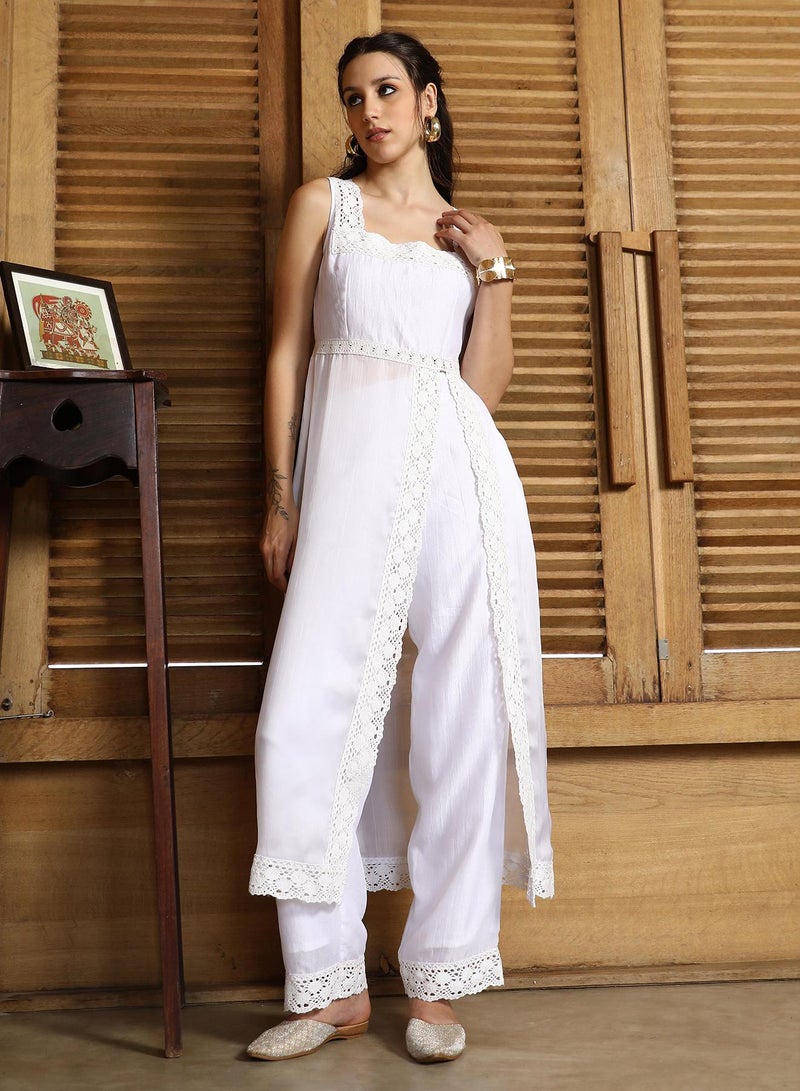 Qissa Women's Chalk White Threadwork Side-Slit Kurta Set For Casual Wear | Square Neck | Sleeveless | 2 Piece Kurta Set Designed With Comfort Fit For Everyday Ethnic Wear - Image 1